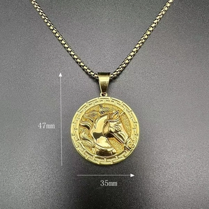 Gold-plated stainless steel horse head medallion pendant necklace with Greek key border