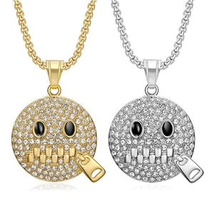 Hip Hop Stainless Steel Zipper Mouth Smiley Face Pendant Necklace Rhinestone Inlaid Gold Silver Plated Street Jewelry Gift