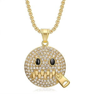 Hiphop gold plated zipper-mouth emoji pendant necklace with sparkling rhinestones