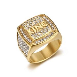 Chevalière King hip hop plaquée or 18K pour hommes avec pavage de zircones cubiques