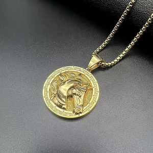 Gold stainless steel horse head pendant necklace with Greek key pattern border