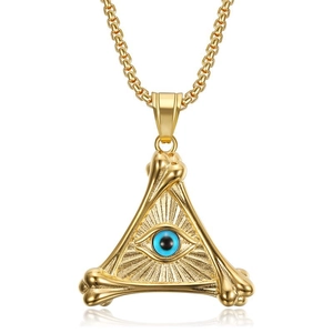 Punk gold-plated stainless steel necklace with triangular bone evil eye pendant