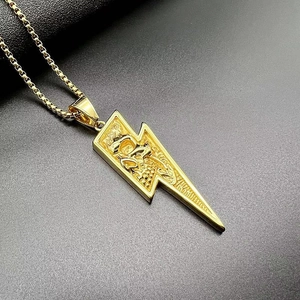 Vintage punk gold lightning bolt pendant necklace for men with intricate engraved dragon patterns