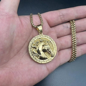 Gold stainless steel horse head pendant necklace with Greek meander pattern frame