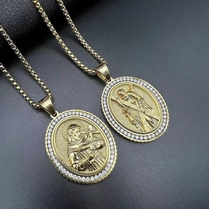 Hip Hop Edelstahl Jesus Anhänger Halskette Gold Plattiert Strass Religiös Oval Heiligen Medaille Halskette Für Herren Schmuck