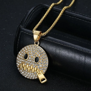 Hip hop gold plated stainless steel smiley face pendant necklace with rhinestones