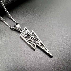 Punk style stainless steel lightning bolt pendant necklace with skull relief design