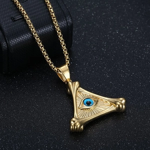 Gold stainless steel evil eye triangle pendant necklace with bone texture design