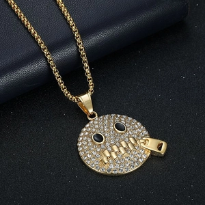 Gold plated hip hop necklace with iced out shut up emoji pendant and box chain