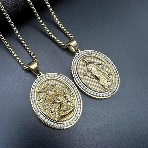 Collier Pendentif Religieux Jésus Saint en Acier Inoxydable Hip Hop Plqué Or Strass Bijoux pour Hommes Femmes