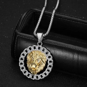 HIPHOP Löwenkopf Anhänger Halskette in Gold und Silber Optik mit funkelnden Zirkonia Steinen