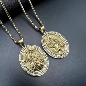 Hip Hop Stainless Steel St Benedict Figure Relief Pendant Necklace Gold Plated Rhinestone Pave Religious Jewelry For Men