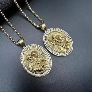 Hip Hop Edelstahl Gold Überzogener Strass Jesus Heilige Familie St. Christophorus Religiöser Anhänger Ohne Kette Schmuck