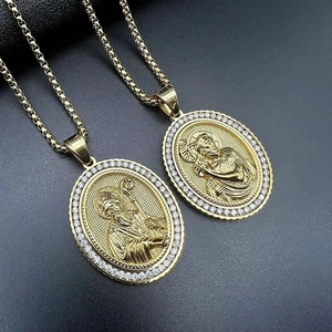 Hip Hop Stainless Steel Jesus Saint Pendant Necklace Gold Plated Rhinestone Inlaid Religious Jewelry For Unisex Personalized