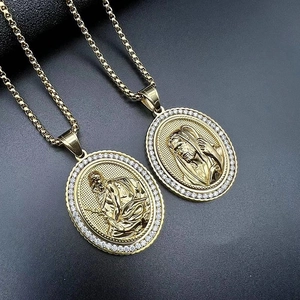 Hip Hop Religious Relief Figure Stainless Steel Vacuum Gold Plated Rhinestone Oval Pendant Necklace For Men Women Personalized Jewelry