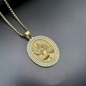 Gold vacuum-plated hip hop Jesus saint relief pendant necklace with cubic zirconia