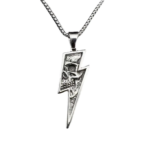 Retro punk lightning bolt skull pendant necklace in silver stainless steel for men