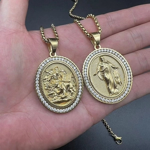 Pendentifs religieux en acier inoxydable doré avec relief Saint Jérôme et Marie