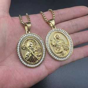 Religious Jesus pendants with gold plating and cubic zirconia on a square box chain
