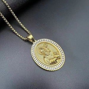 Hip-hop religious gold-plated stainless steel oval pendant necklace with saints and zircons