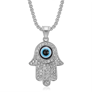Iced out Hamsa hand pendant necklace with blue evil eye and sparkling rhinestones