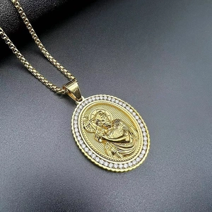 Gold plated Jesus pendant necklace with sparkling cubic zirconia on box chain
