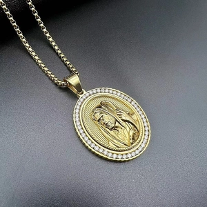 Hip hop gold plated religious pendant with embossed figure and zircon stones on box chain