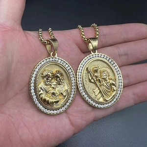 Vergoldete Hip-Hop Halskette mit religiösem St. Christopher und Heilige Familie Anhänger