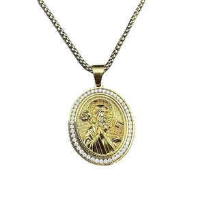 Gold plated stainless steel Saint Benedict pendant necklace with sparkling cubic zirconia