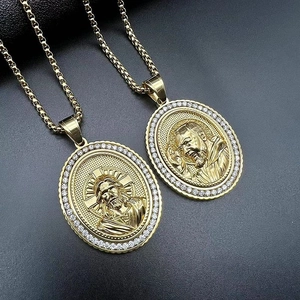 Hip Hop Roestvrij Staal Zirconia Jezus Heilige Reliëf Ovalen Hanger Ketting Vintage Vergulde Religieuze Sieraden Voor Heren Dames