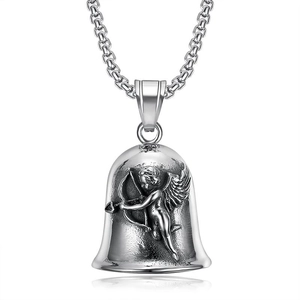 Titanium steel guardian angel bell pendant with embossed Cupid wings and box chain