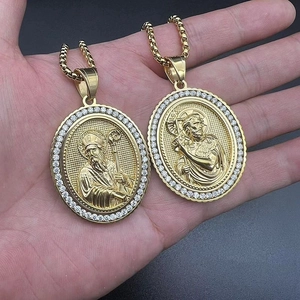 Gold plated stainless steel religious pendant necklace featuring zircon halo and saint relief