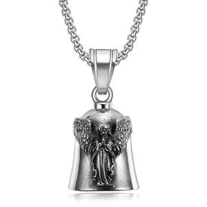 Vintage stainless steel lucky angel wing guardian bell pendant on a box chain necklace