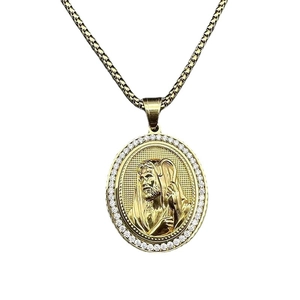 Hip hop gold plated religious pendant necklace featuring Jesus relief and cubic zirconia