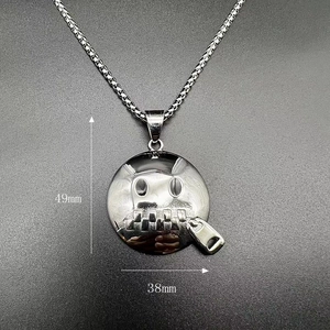 Polished stainless steel necklace featuring a 49mm x 38mm silver zipper smile pendant