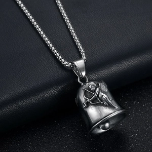 Titanium steel angel wings cupid bell pendant necklace with silver box chain for men