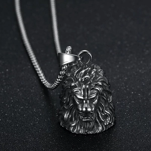 Retro stainless steel lion head pendant necklace with punk style relief on black background