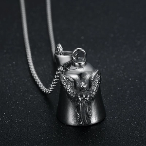 Vintage Stainless Steel Angel Wing Guardian Bell Pendant Necklace Punk Gothic Motorcyclist Guardian Bell Jewelry For Men Women
