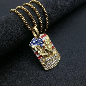 Pendentif Seul Aigle Drapeau Américain Hip Hop Acier Inoxydable Plaqué Or Strass Collier Aigle Patriotique Homme