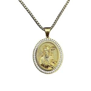 Gold plated stainless steel religious saint pendant with sparkling cubic zirconia pavé