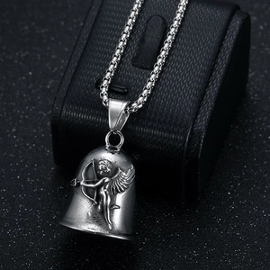 Titanium steel punk motorcycle bell pendant featuring angel cupid relief with box chain