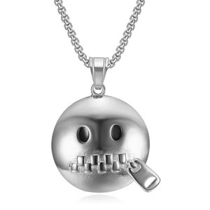 Polished silver stainless steel hip hop necklace featuring a zipper smiley emoji pendant