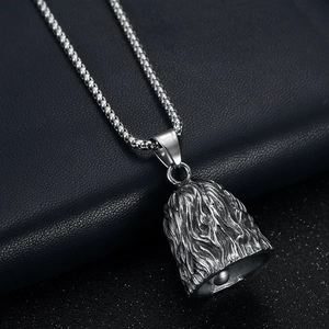 Punk style stainless steel lion head bell pendant with retro silver finish on leather