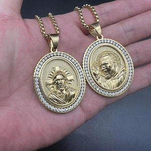Vergulde hiphop ketting met Jezus en heilige reliëf hanger en zirkonia's
