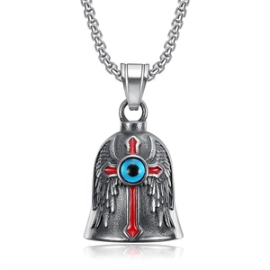 Vintage Edelstahl Schutzglocke Halskette mit blauem Auge und rotem Kreuz Flügeln