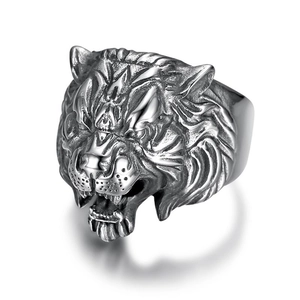 Retro vintage punk style stainless steel tiger head ring for men in antique silver finish