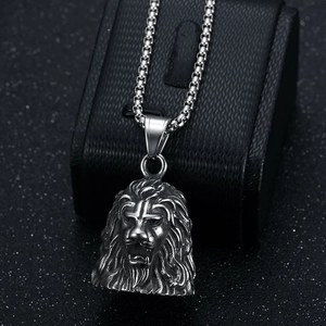 Punk style stainless steel lion head pendant with vintage biker lucky guardian bell and box chain