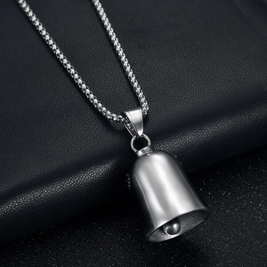 Polished silver titanium steel guardian bell pendant with box chain on black leather