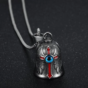 Retro Edelstahl Gothic Kreuz Flügel Glocke Anhänger Halskette Verwittert Blauer Böser Blick Biker Punk Schmuck Für Herren