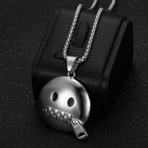 Punk style stainless steel necklace with round silver zipper-mouth emoji pendant